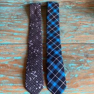 Pair of Skinny Tie Madness Cotton Ties in Blue Plaid and Constellation Prints